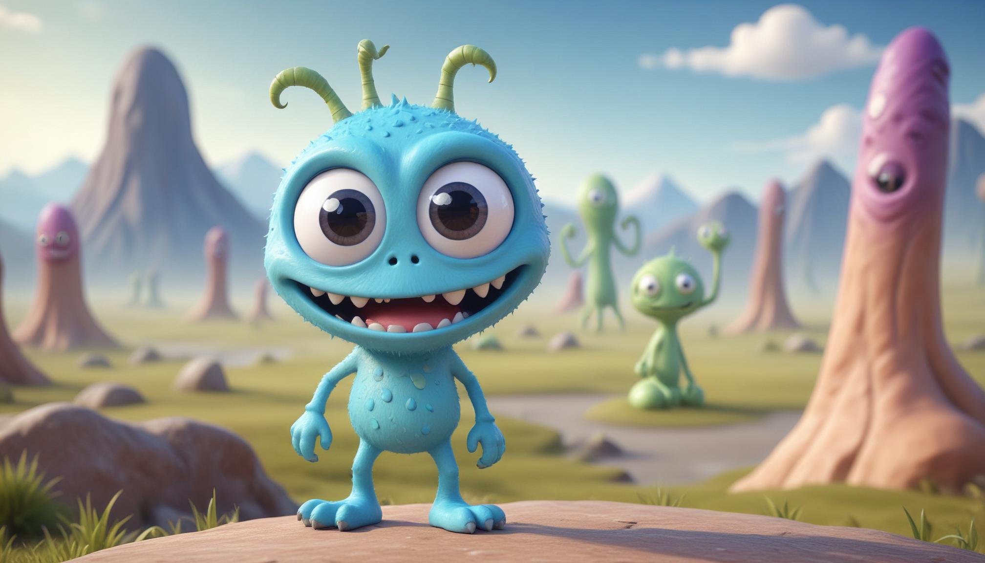 A blue alien smiles in a green alien world A blue alien smiles in a green alien world