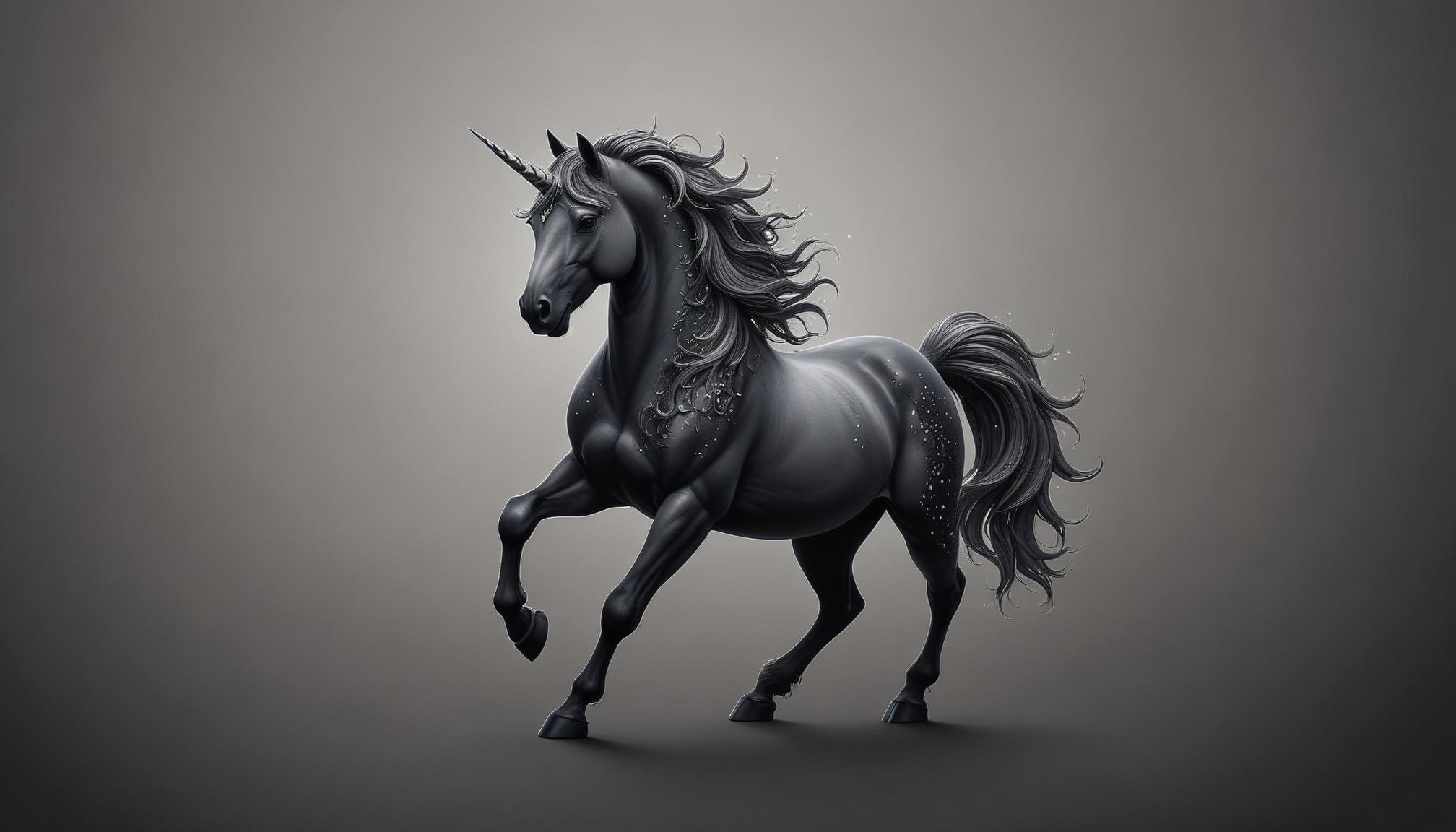 A black unicorn runs through a misty field A black unicorn runs through a misty field