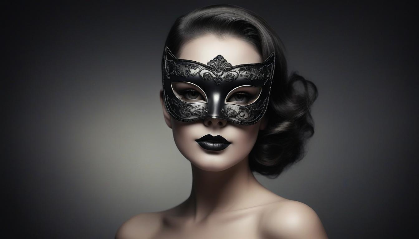 A woman in a masquerade mask looks intensely at the camera A woman in a masquerade mask looks intensely at the camera