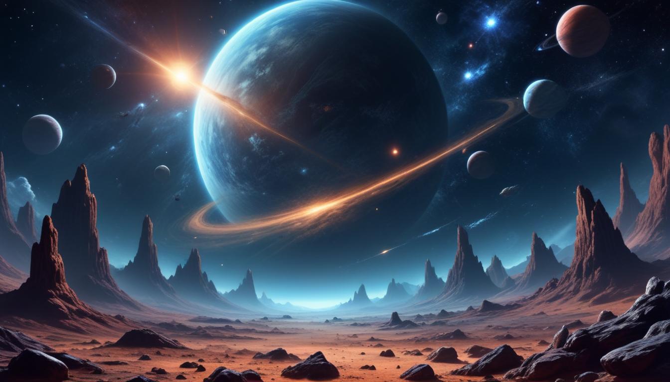 A large blue planet with rings orbits a distant star A large blue planet with rings orbits a distant star