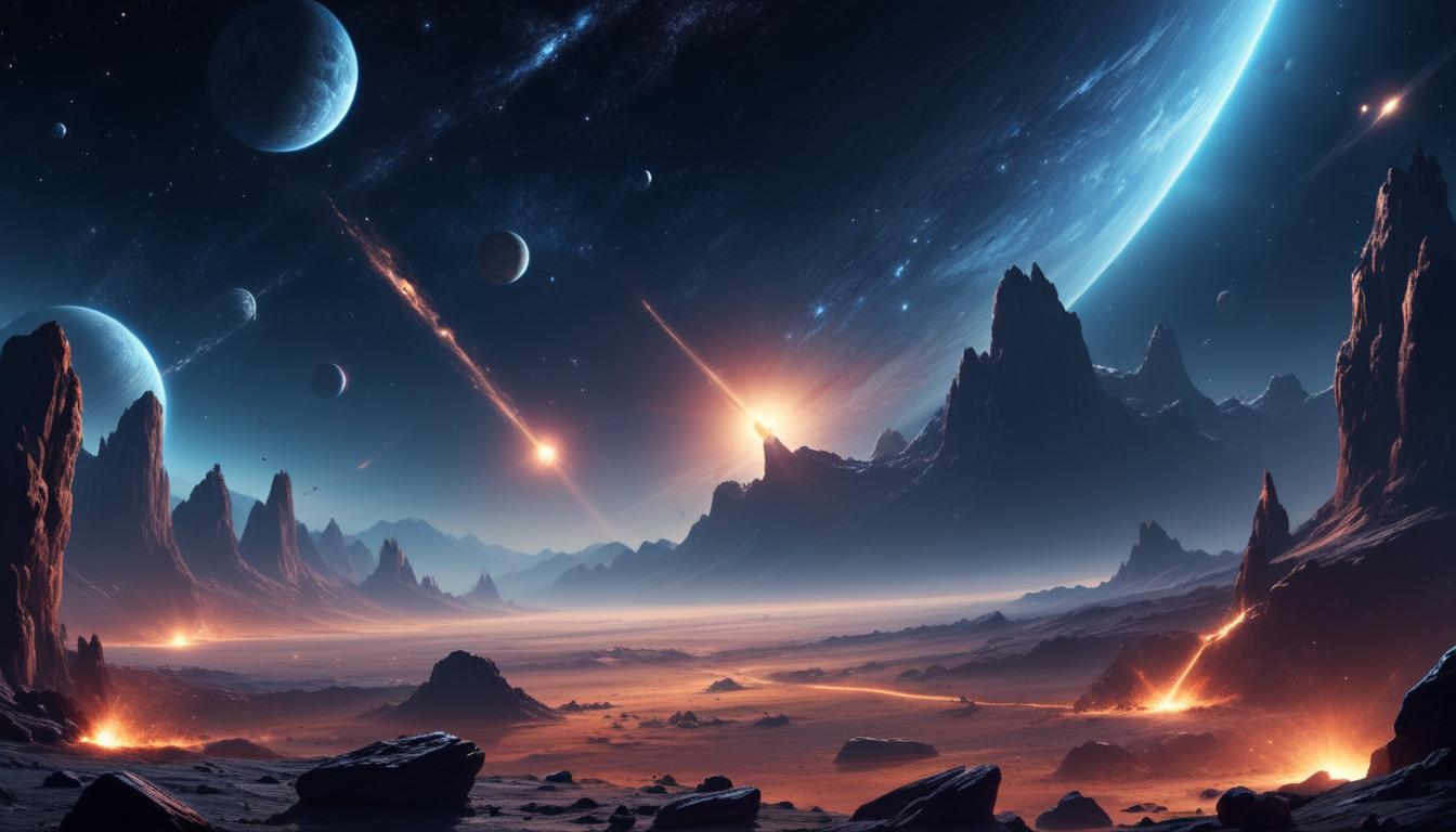 A meteor lights up the night sky over alien land A meteor lights up the night sky over alien land