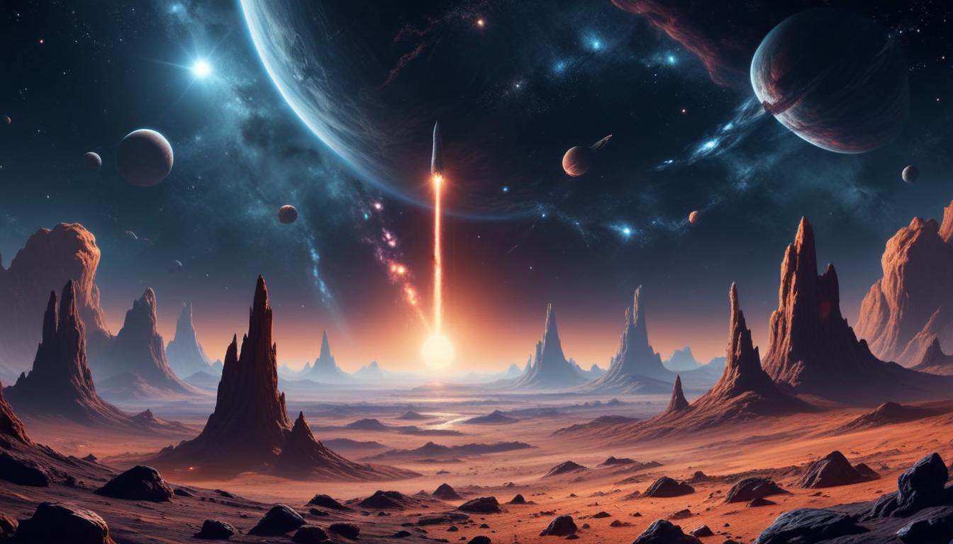 A rocket launches into space from a desolate alien planet A rocket launches into space from a desolate alien planet