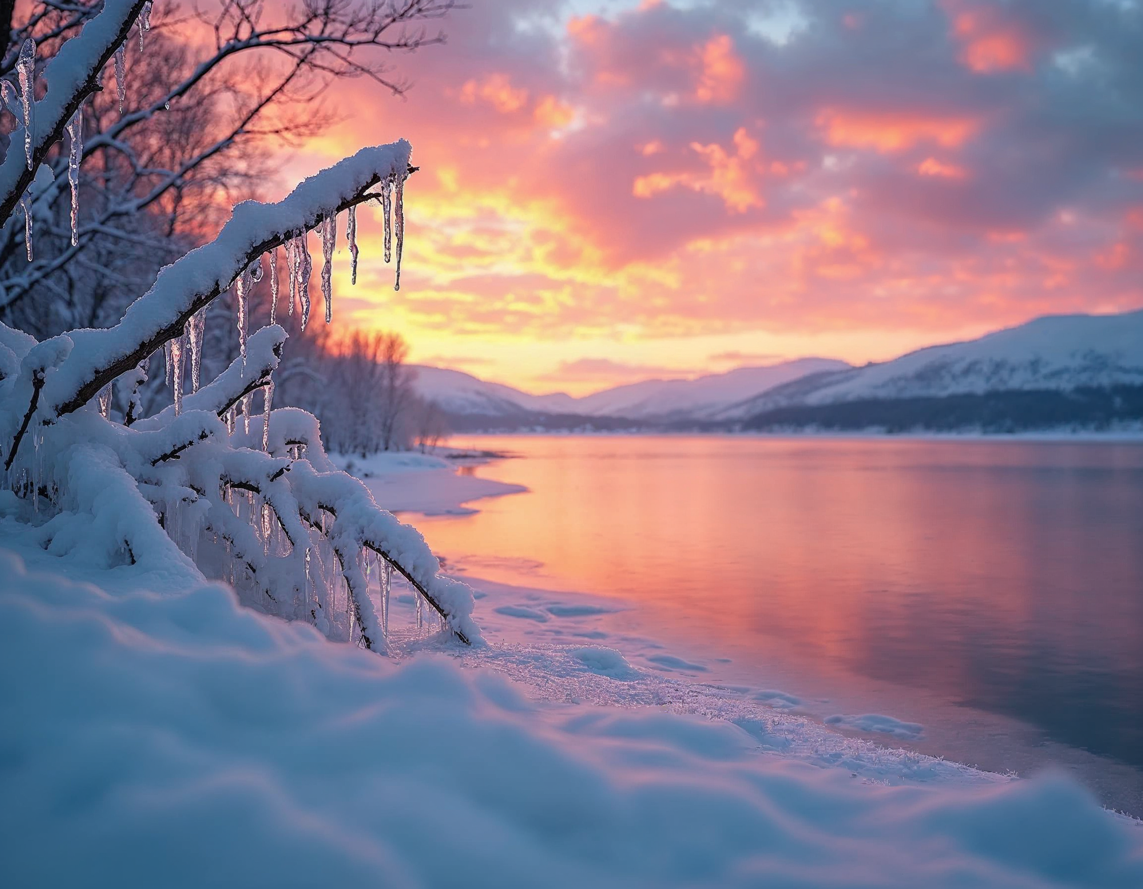 A snowy branch hangs over a still lake at sunset A snowy branch hangs over a still lake at sunset