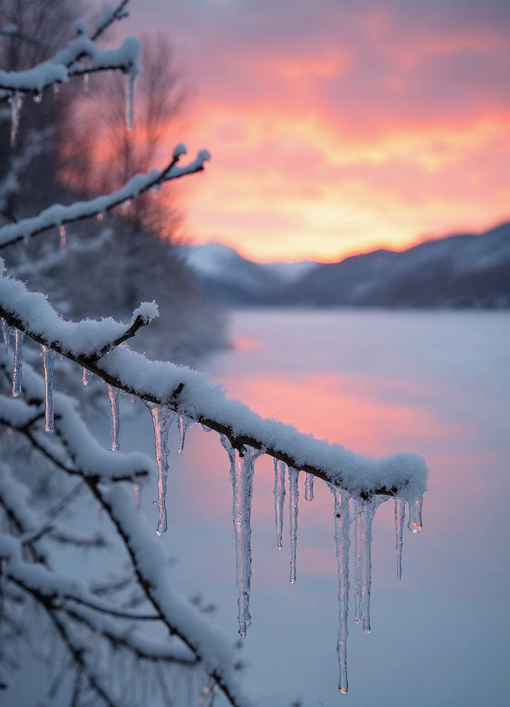 Icicles on a snowy branch at pink sunset Icicles on a snowy branch at pink sunset