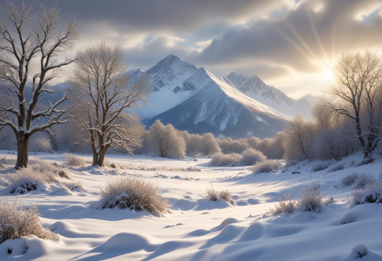 Snowy trees and peaks form a beautiful winter scene Snowy trees and peaks form a beautiful winter scene