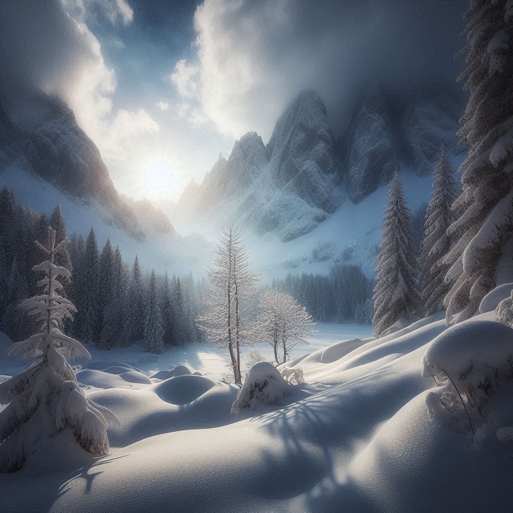 Snowy mountains create a serene scene in the winter Snowy mountains create a serene scene in the winter