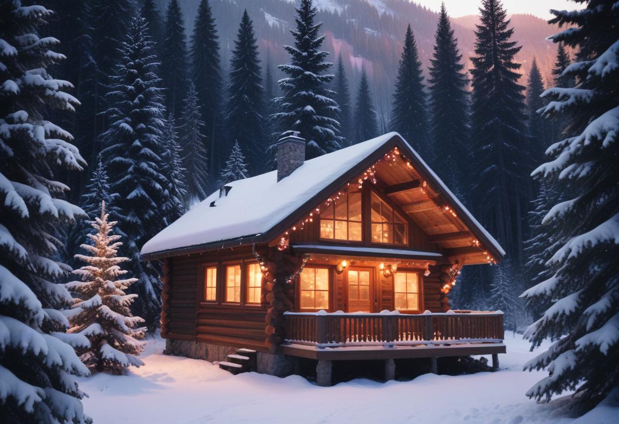 A cozy cabin sits nestled in a snowy forest A cozy cabin sits nestled in a snowy forest