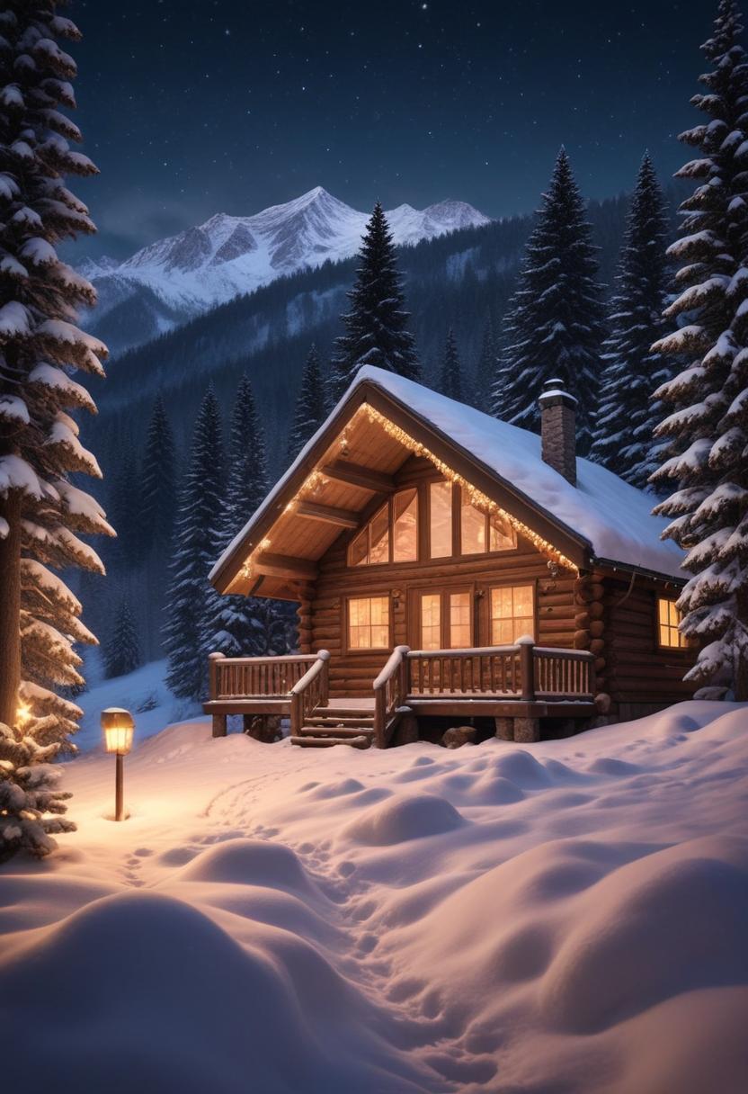 A cozy cabin sits nestled in the snow-covered mountains A cozy cabin sits nestled in the snow-covered mountains