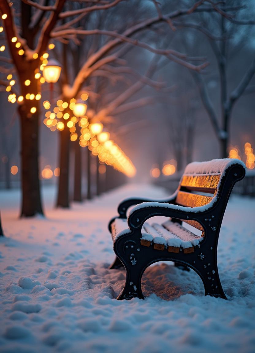 A snowy bench sits beneath twinkling lights in a park A snowy bench sits beneath twinkling lights in a park