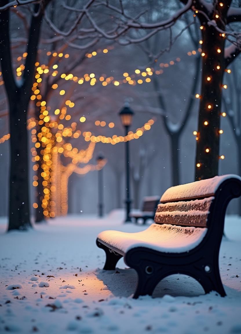A snowy bench sits beneath twinkling lights in a winter park A snowy bench sits beneath twinkling lights in a winter park
