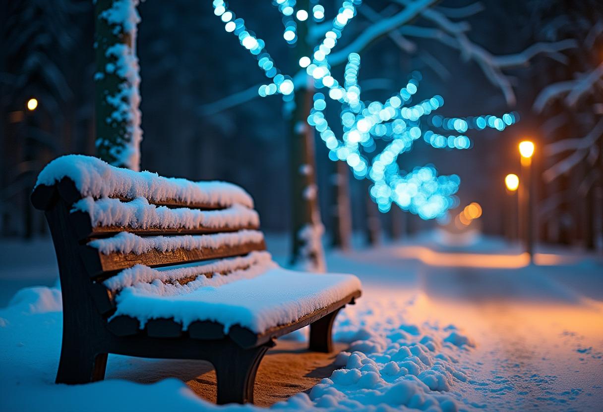 A snowy bench sits under blue lights in a winter park A snowy bench sits under blue lights in a winter park