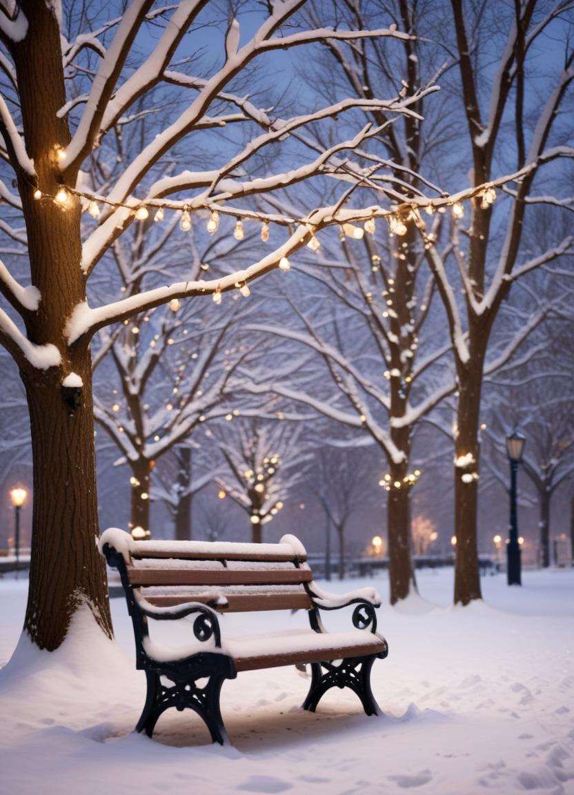 A snowy park bench with twinkling lights A snowy park bench with twinkling lights