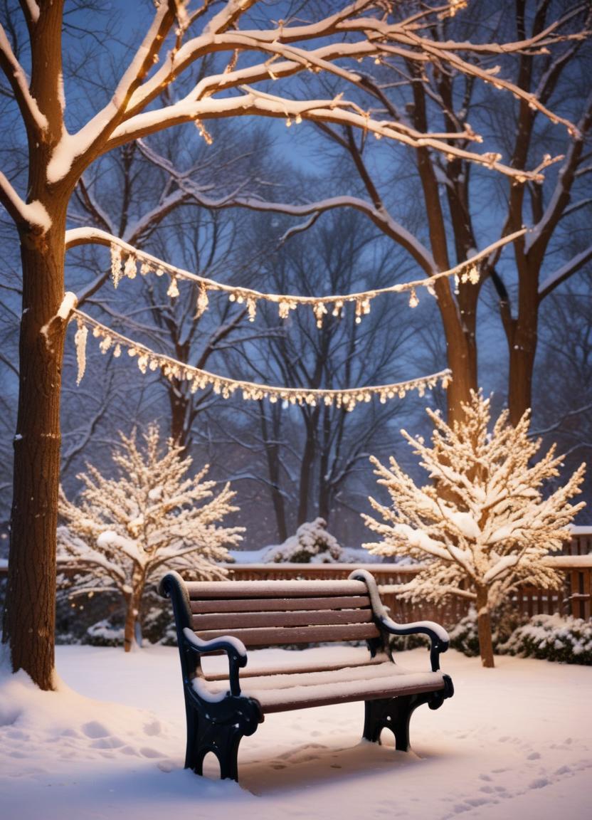 A snowy bench sits under a tree with lights A snowy bench sits under a tree with lights