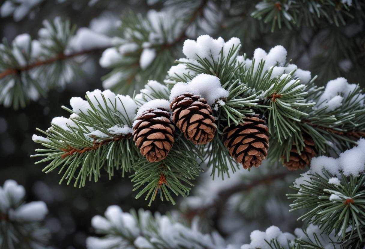 Pine cones covered in snow on a branch Pine cones covered in snow on a branch