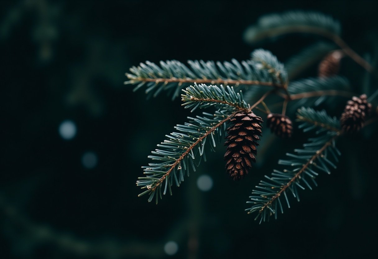 A pine cone hangs from a branch in the forest A pine cone hangs from a branch in the forest