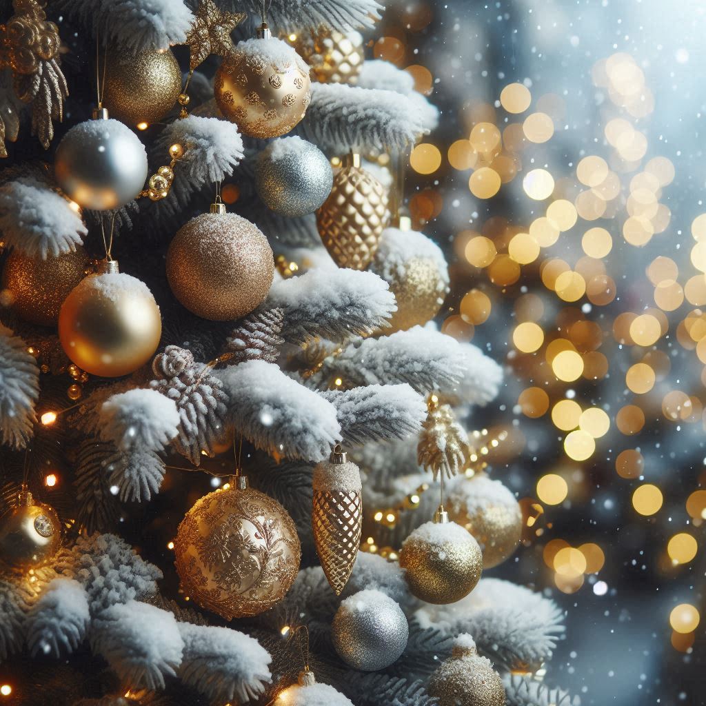 A snowy christmas tree adorned with gold ornaments A snowy christmas tree adorned with gold ornaments