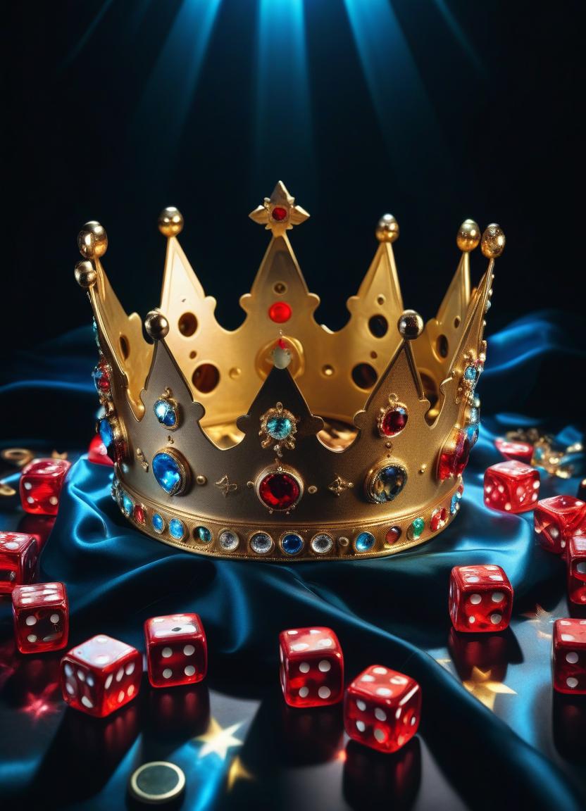 Crown on blue satin with scattered red dice Crown on blue satin with scattered red dice