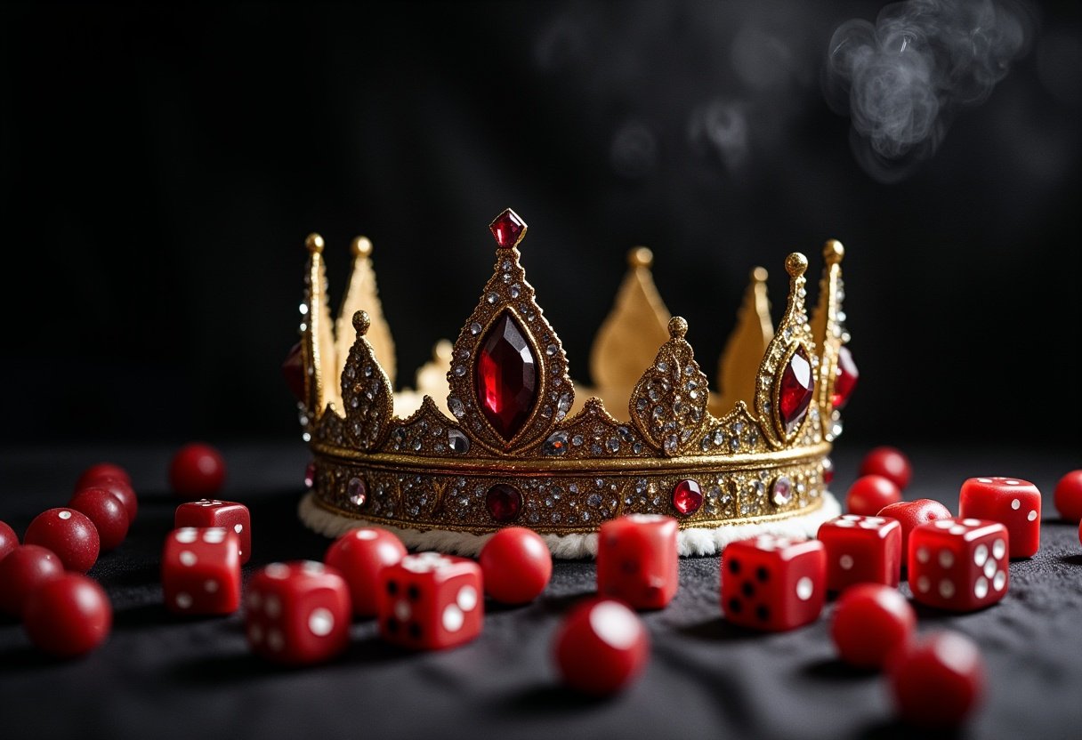 A golden crown with red gems sits amongst red dice A golden crown with red gems sits amongst red dice