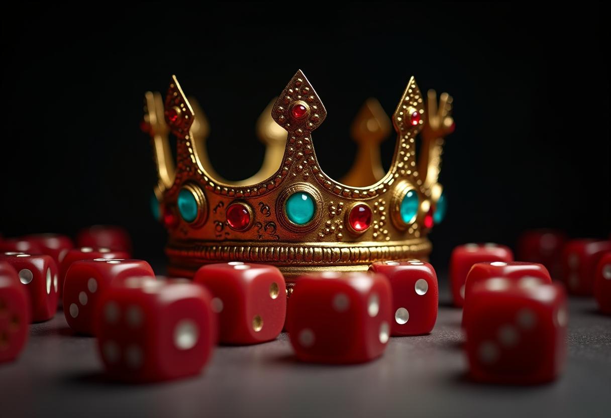 A gold crown rests atop a group of red dice A gold crown rests atop a group of red dice