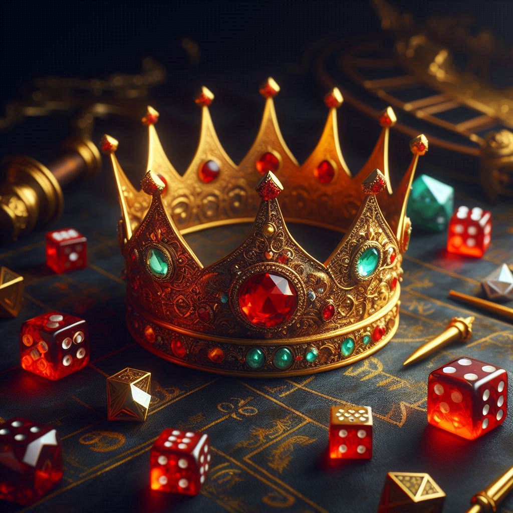 A golden crown lies on a game board with red dice A golden crown lies on a game board with red dice