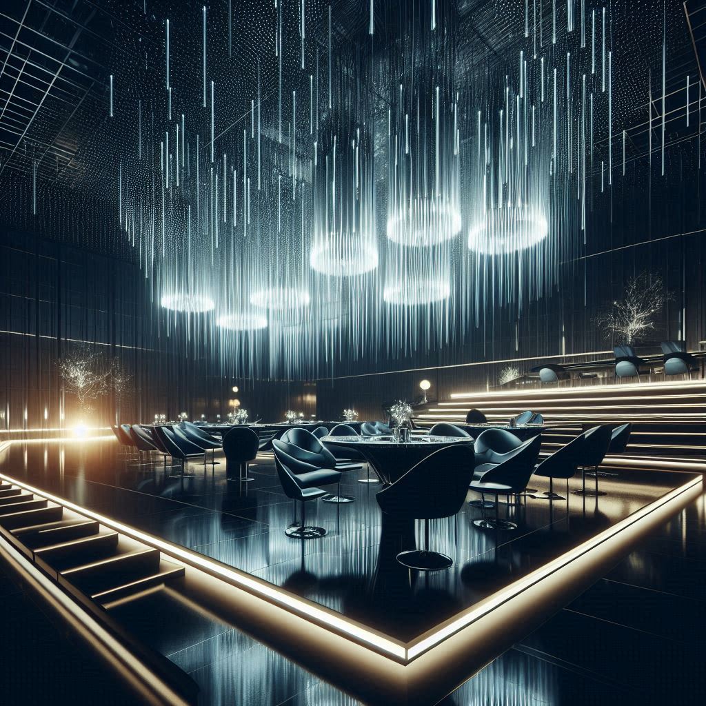 Futuristic dining room with glowing lights, sleek style Futuristic dining room with glowing lights, sleek style