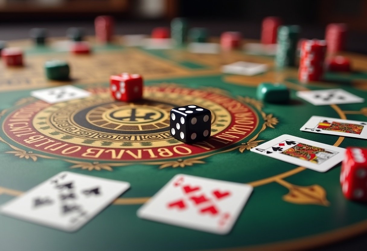 A close-up of a game board with dice and cards A close-up of a game board with dice and cards