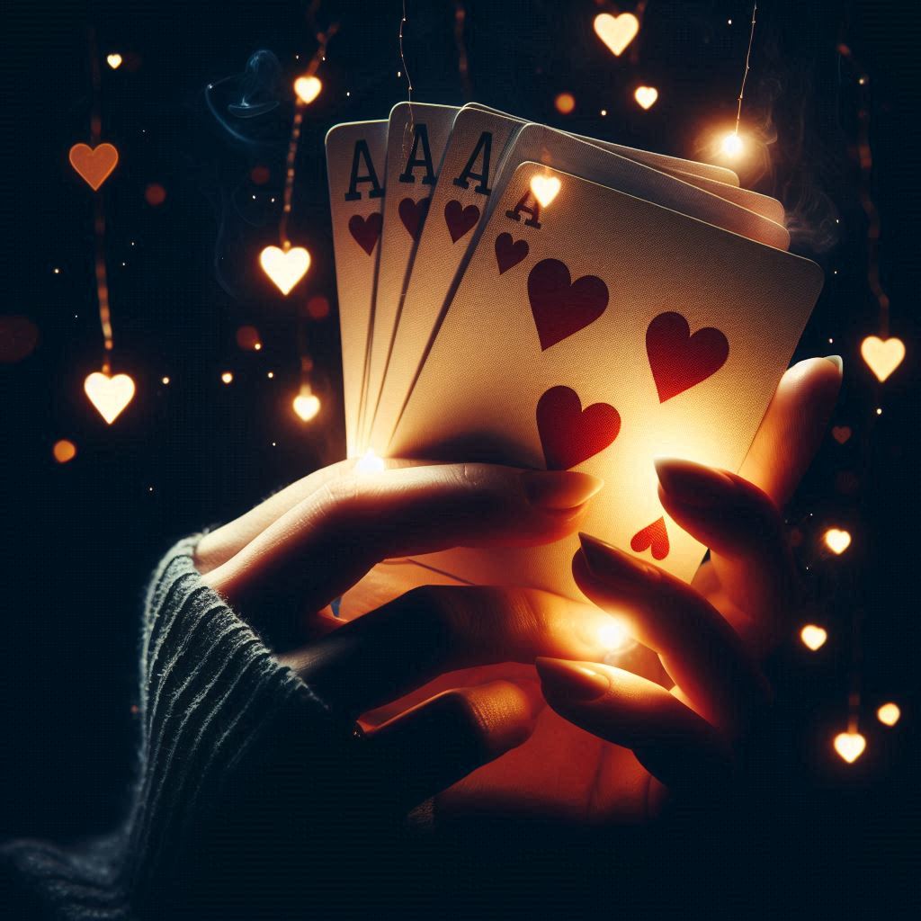 A person's hand is shown holding four aces of hearts A person's hand is shown holding four aces of hearts