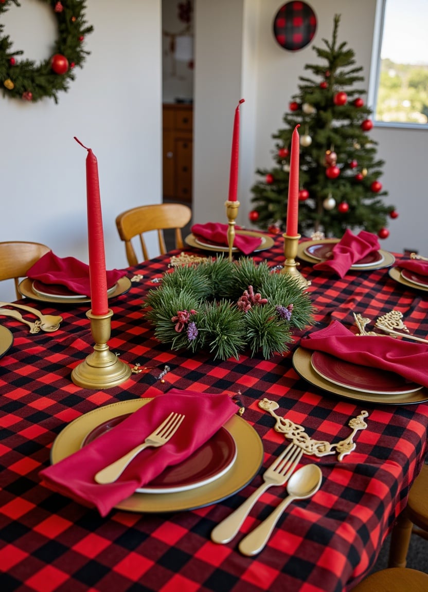 Festive table with red and black checkered decor Festive table with red and black checkered decor