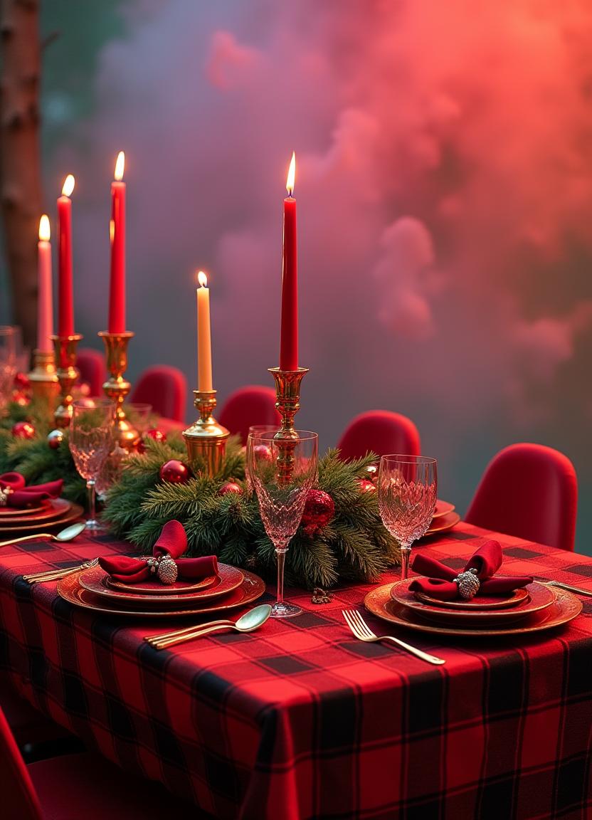 Festive table with candles and plaid tablecloth Festive table with candles and plaid tablecloth