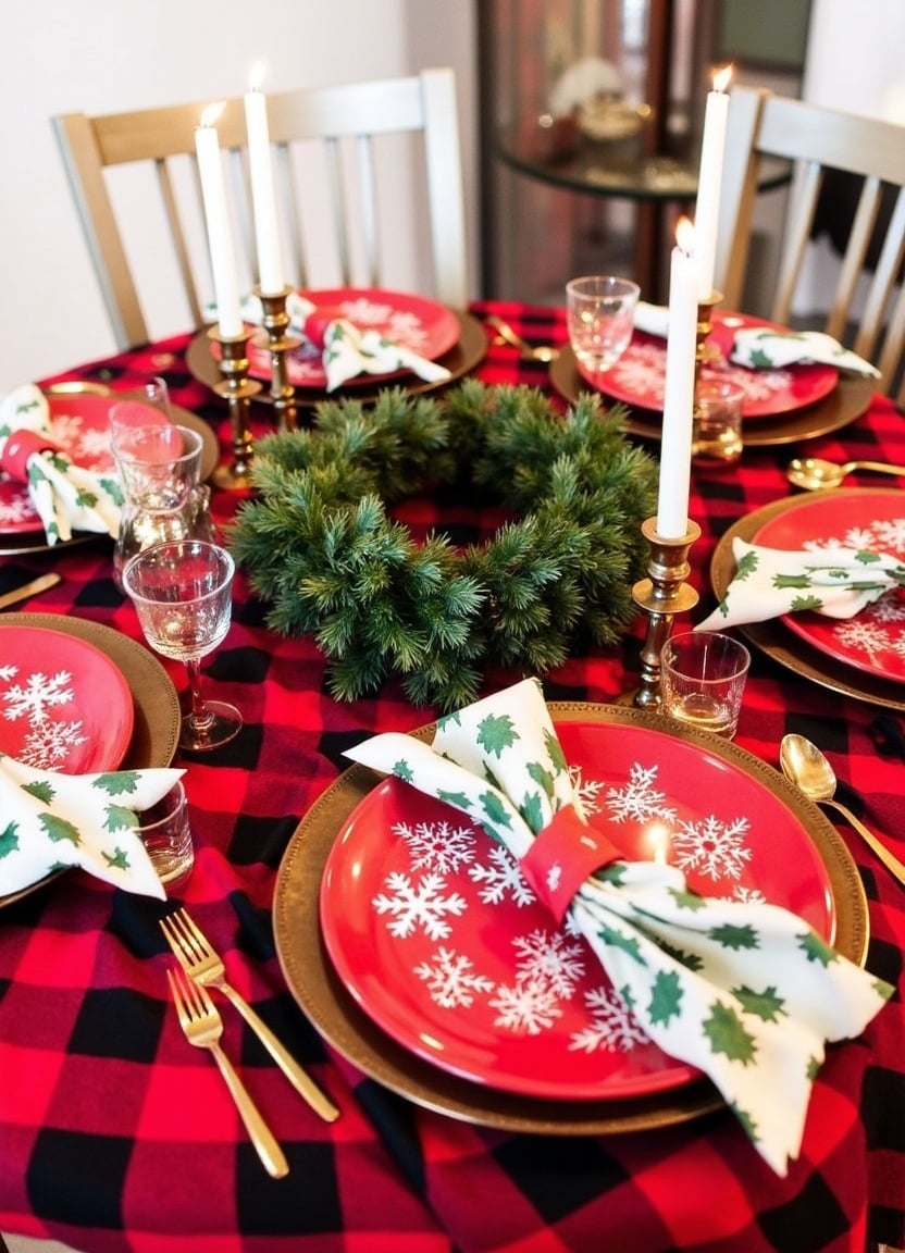 Festive red and black tablecloth with snowflake plates Festive red and black tablecloth with snowflake plates