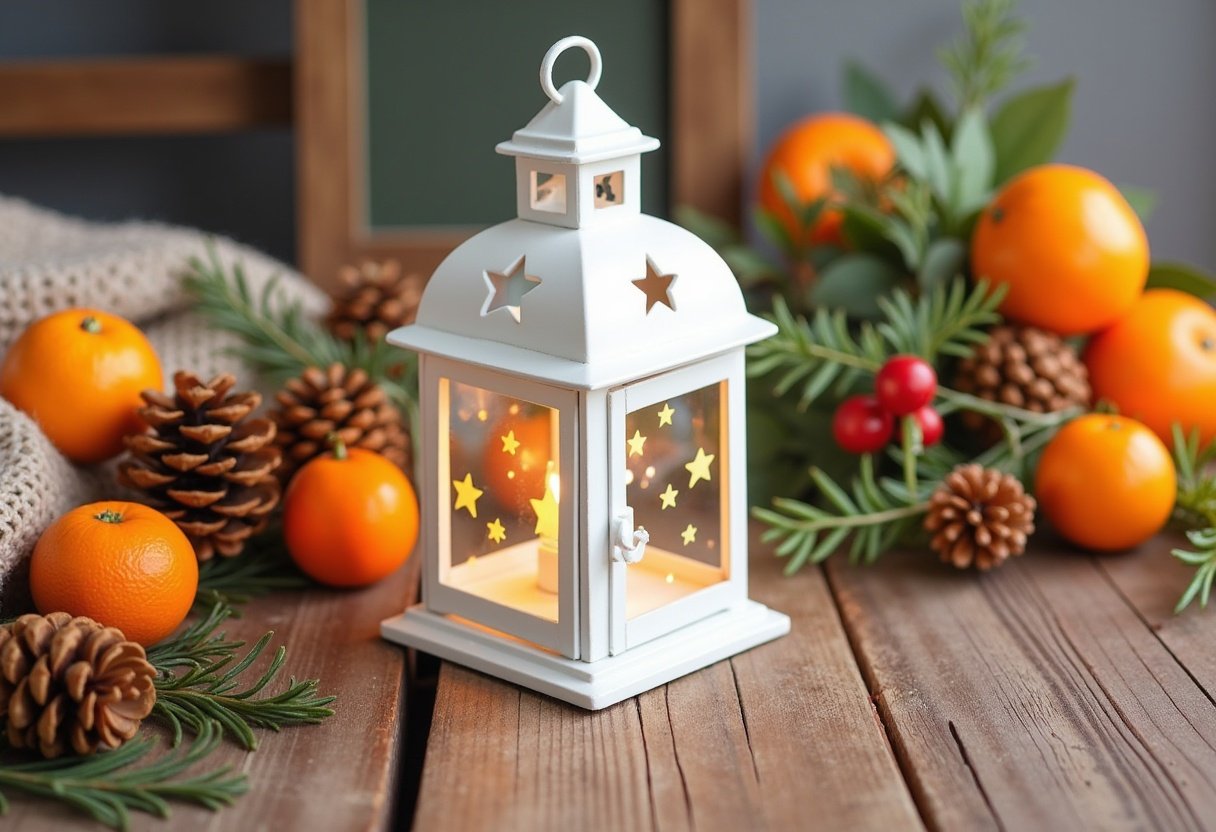 A white lantern with a candle inside sits on a wooden table A white lantern with a candle inside sits on a wooden table