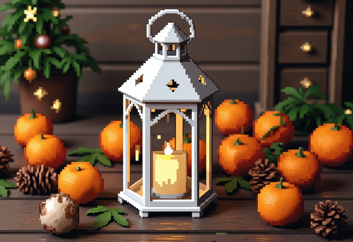 A lantern on a table with tangerines and pinecones A lantern on a table with tangerines and pinecones