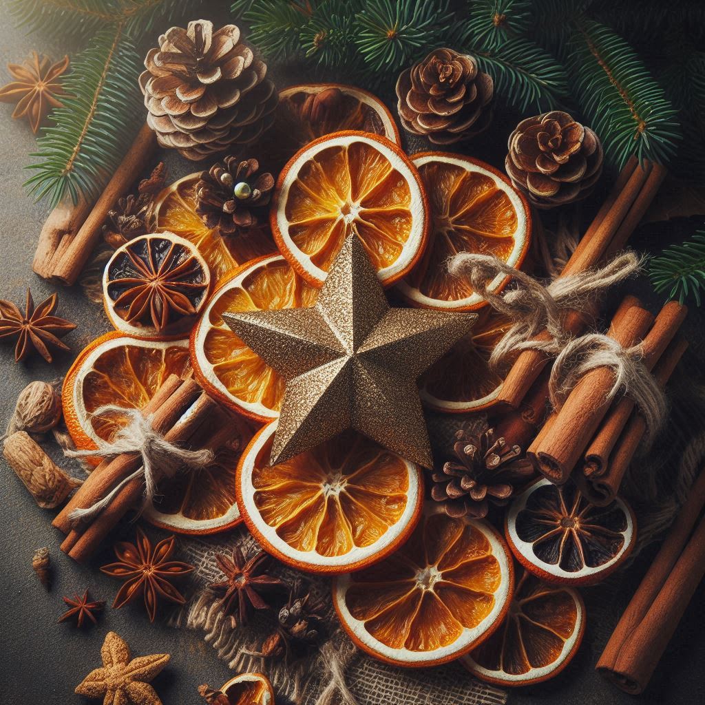 Dried oranges, cinnamon, and pine cones create festivity Dried oranges, cinnamon, and pine cones create festivity