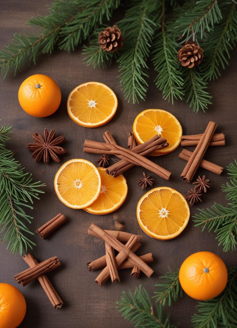 Oranges, cinnamon, and pine on a table Oranges, cinnamon, and pine on a table