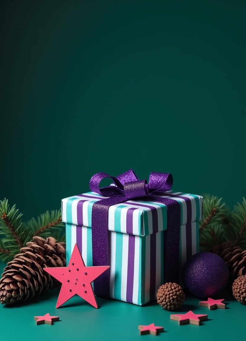 Purple-green striped box on teal with pine and ornaments Purple-green striped box on teal with pine and ornaments