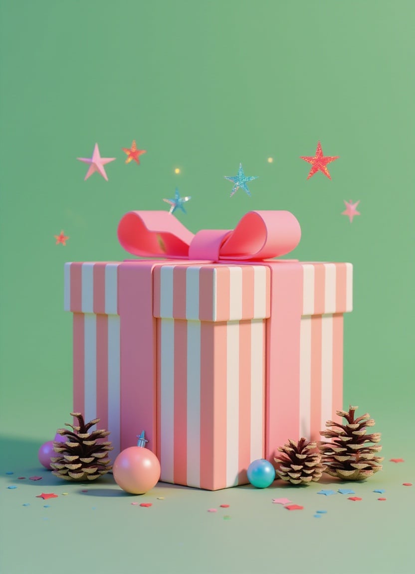 Pink striped gift box on green background Pink striped gift box on green background
