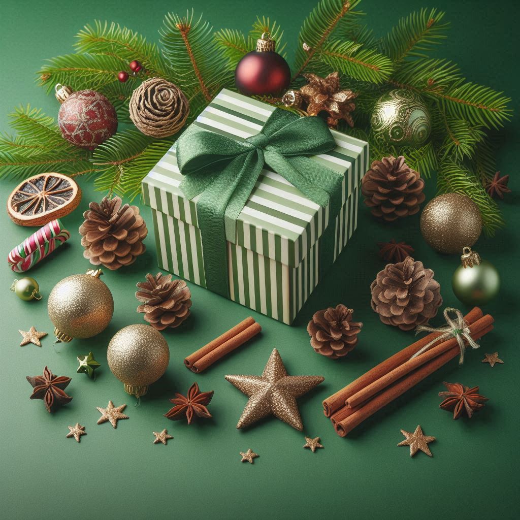 Striped gift box with a green bow and decorations Striped gift box with a green bow and decorations