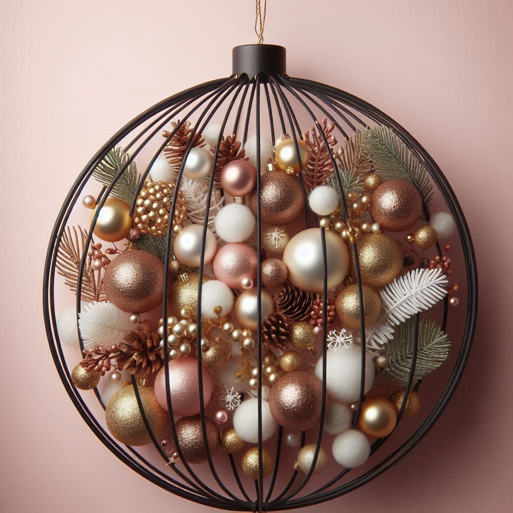 A large round ornament holds christmas decorations A large round ornament holds christmas decorations