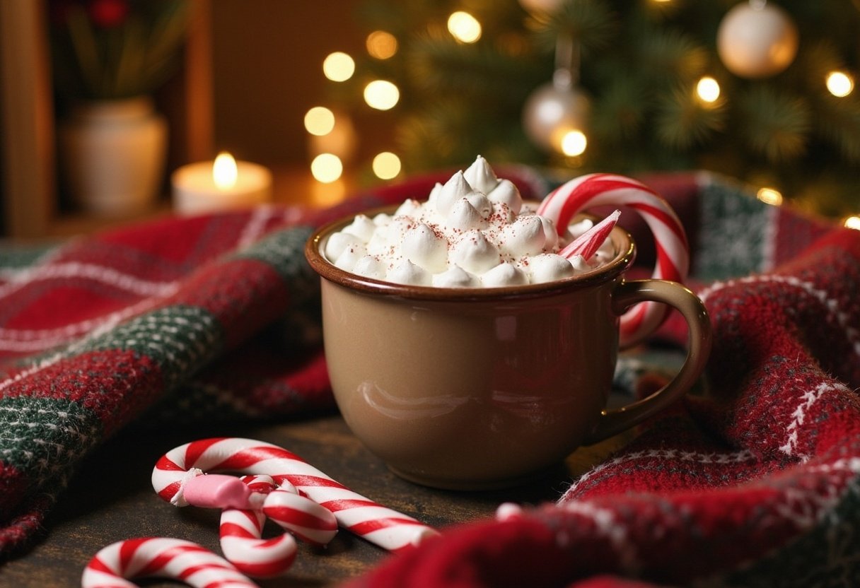 Hot cocoa with whipped cream and a candy cane Hot cocoa with whipped cream and a candy cane
