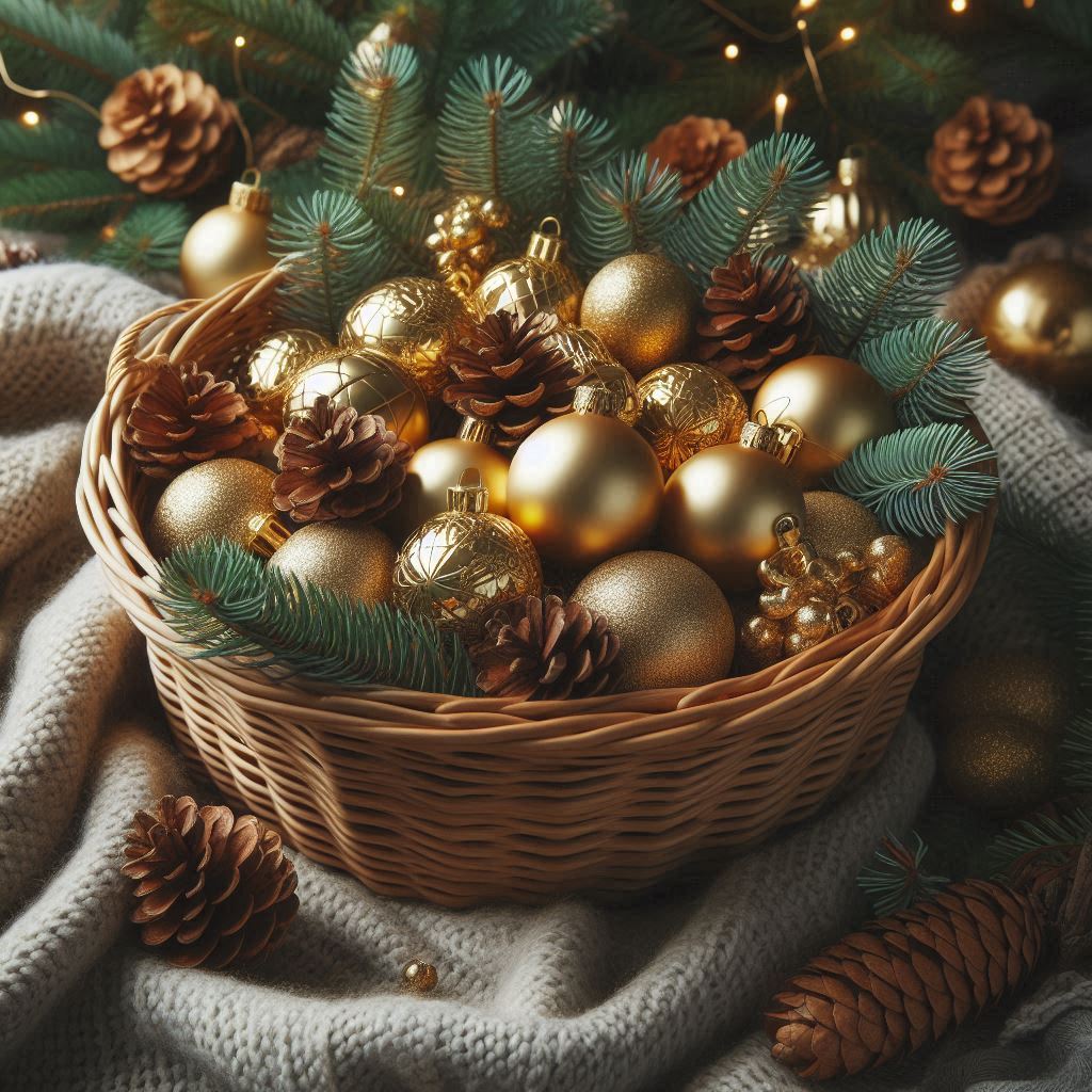 Wicker basket with gold ornaments on fuzzy blanket Wicker basket with gold ornaments on fuzzy blanket