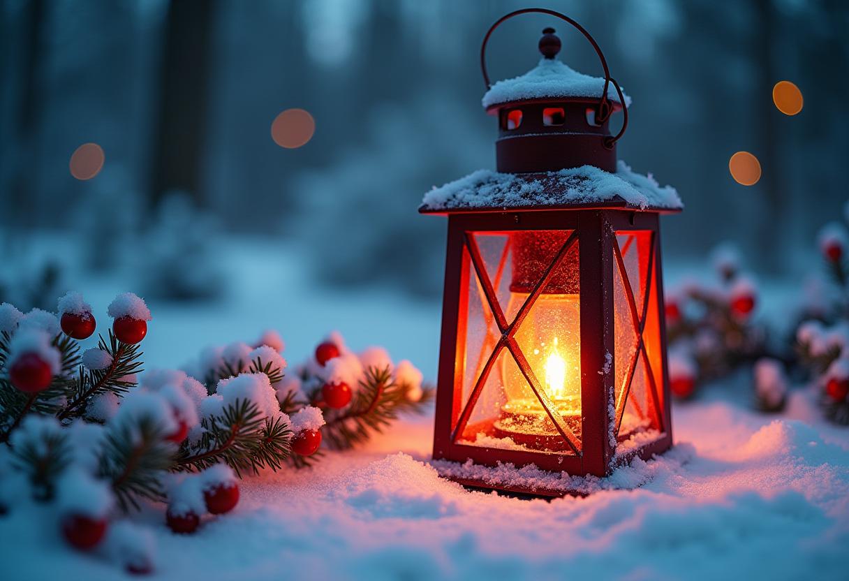 A lantern glows in the snowy woods A lantern glows in the snowy woods