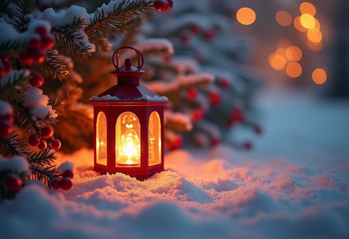 A red lantern sits in the snow on a cold winter night A red lantern sits in the snow on a cold winter night