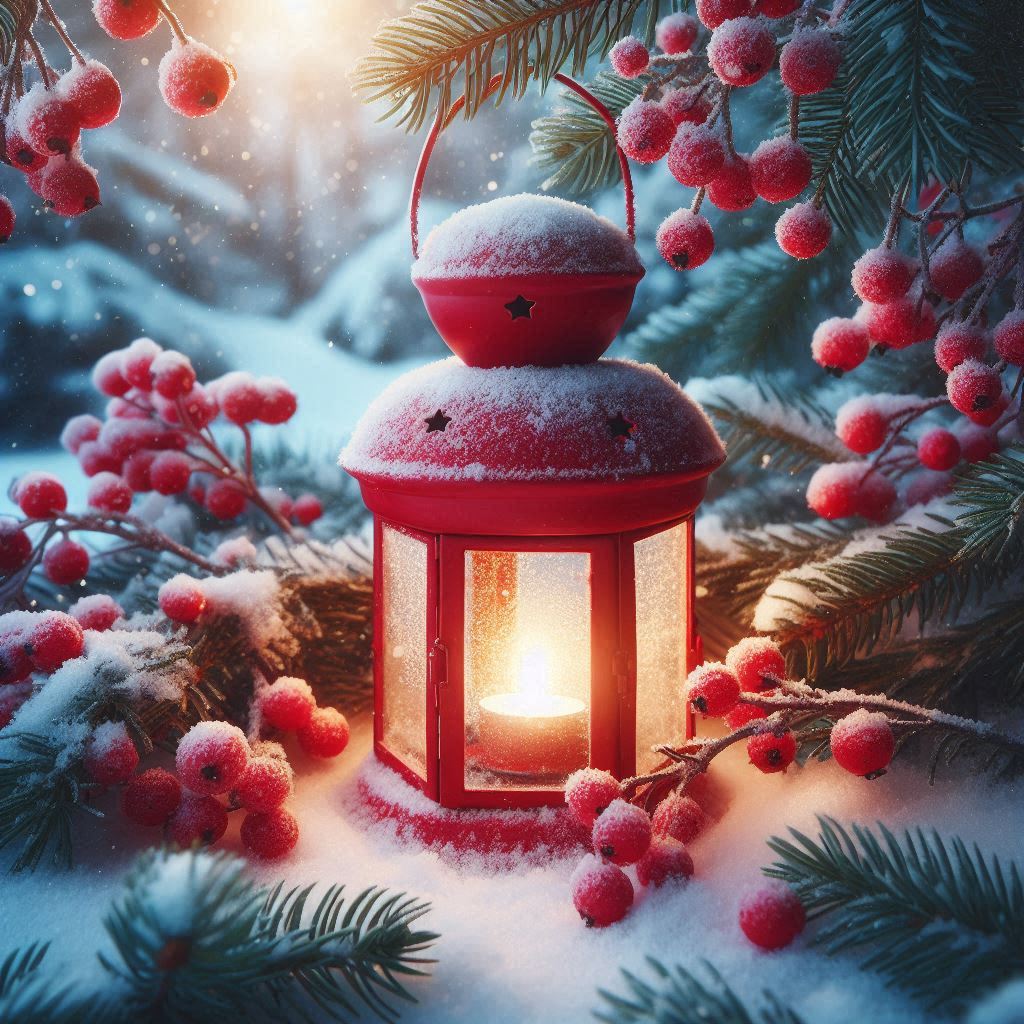 A red lantern glows in the snow surrounded by winter berries A red lantern glows in the snow surrounded by winter berries