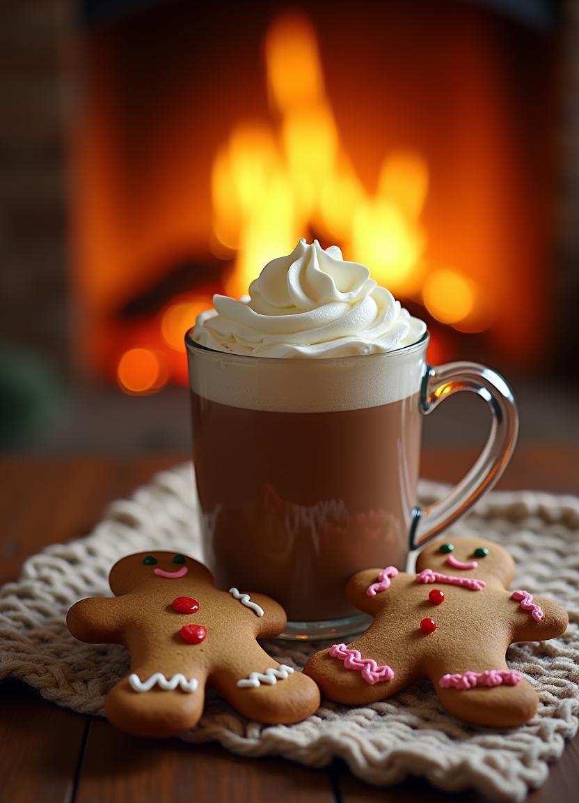 Cozy drink with whipped cream and gingerbread by fire Cozy drink with whipped cream and gingerbread by fire