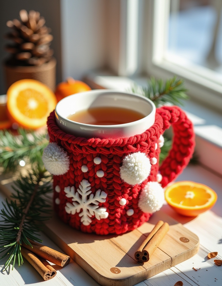 A snowflake mug of tea rests on a wooden board A snowflake mug of tea rests on a wooden board