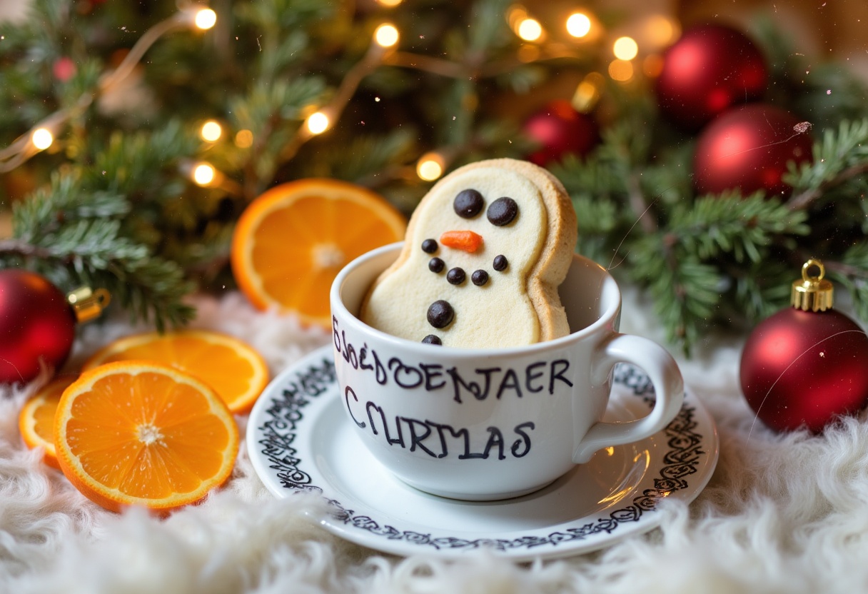 A snowman cookie sits in a teacup with orange slices nearby A snowman cookie sits in a teacup with orange slices nearby