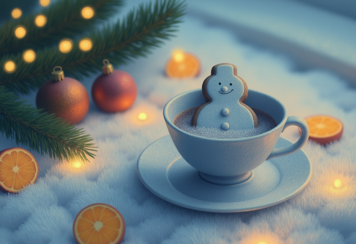 A gingerbread snowman soaks in a cup of hot cocoa A gingerbread snowman soaks in a cup of hot cocoa