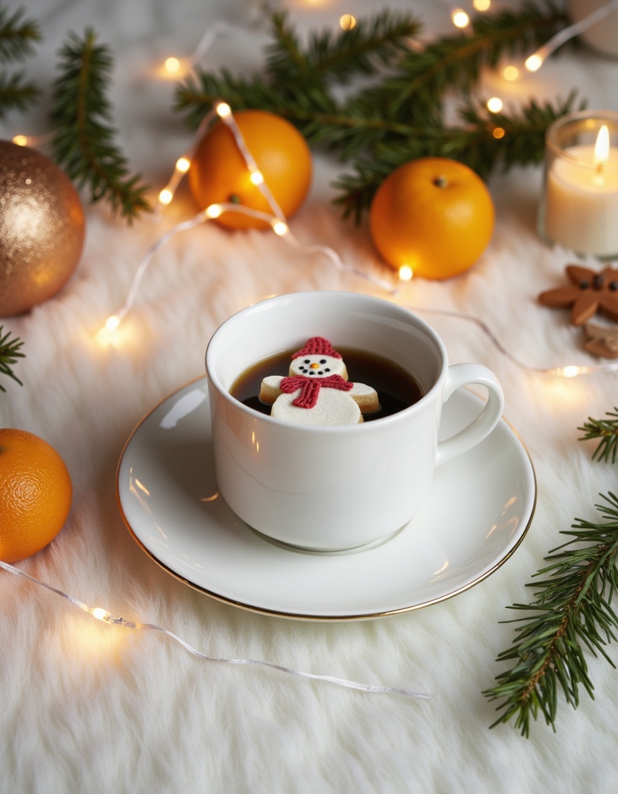 A cozy winter drink with a snowman marshmallow A cozy winter drink with a snowman marshmallow