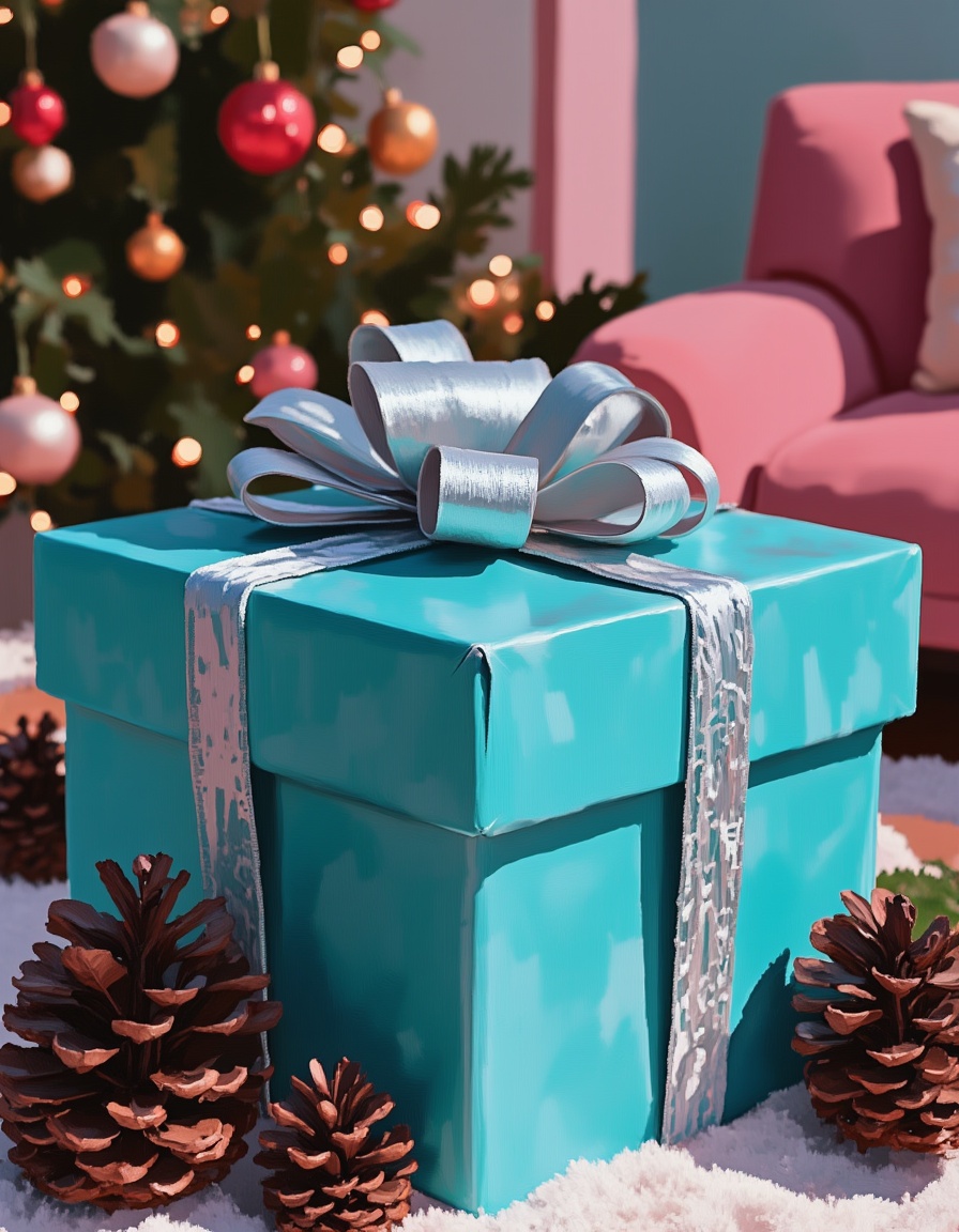Teal gift box with silver bow under tree Teal gift box with silver bow under tree