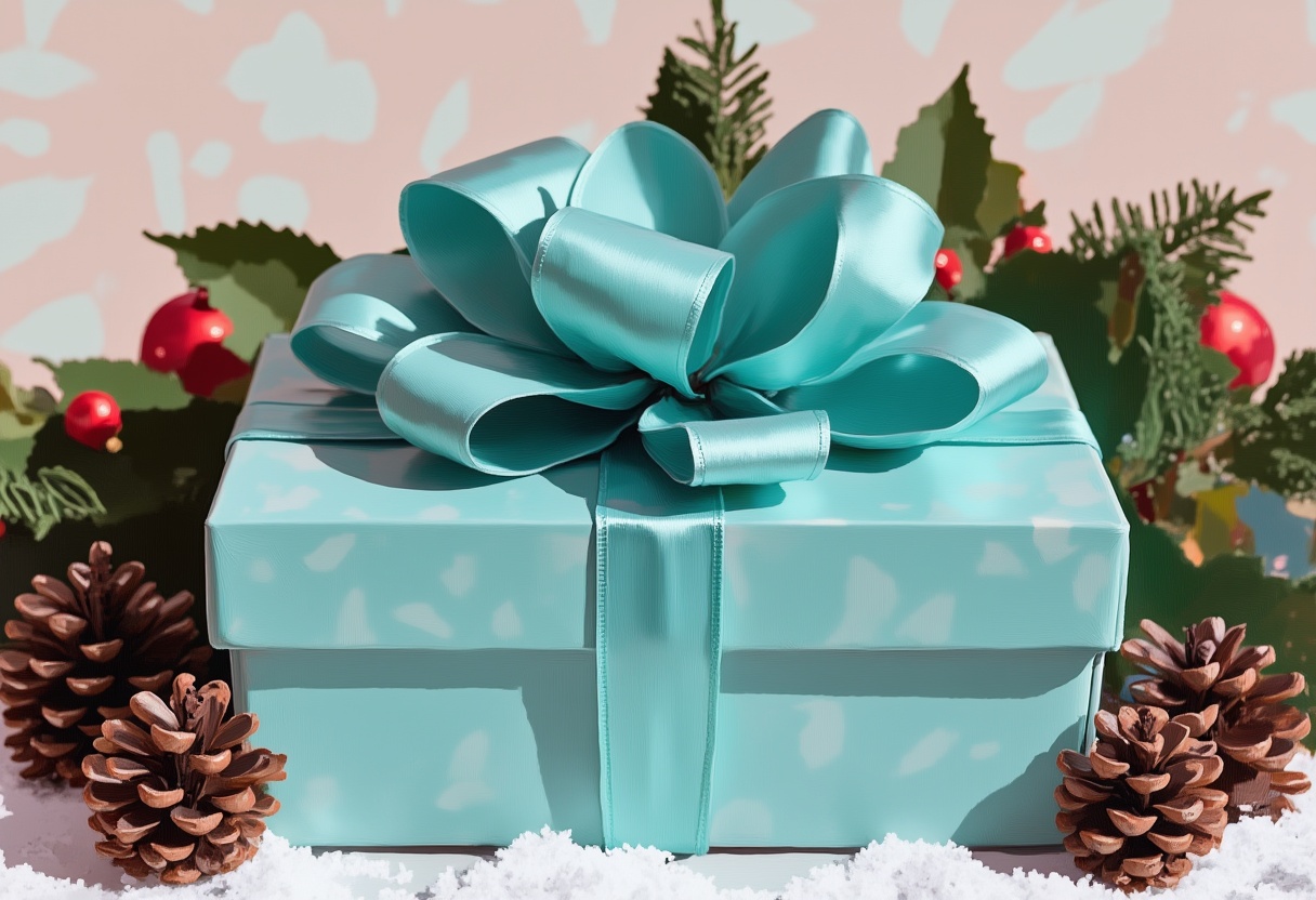 A turquoise gift box with a large bow sits on snow A turquoise gift box with a large bow sits on snow